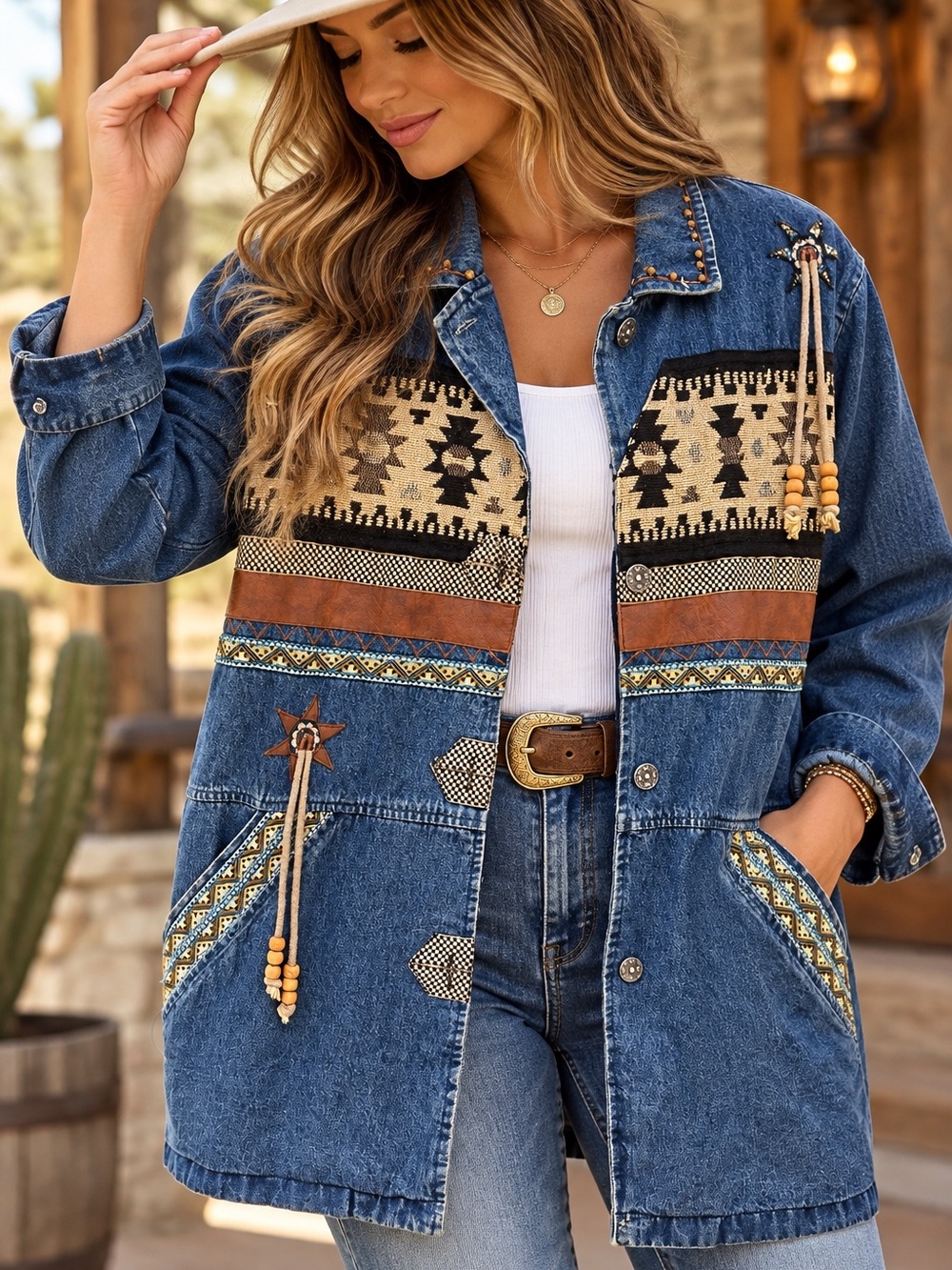 Vintage 220 Hickory Large Denim Southwestern Aztec Tapestry Boho Jacket
